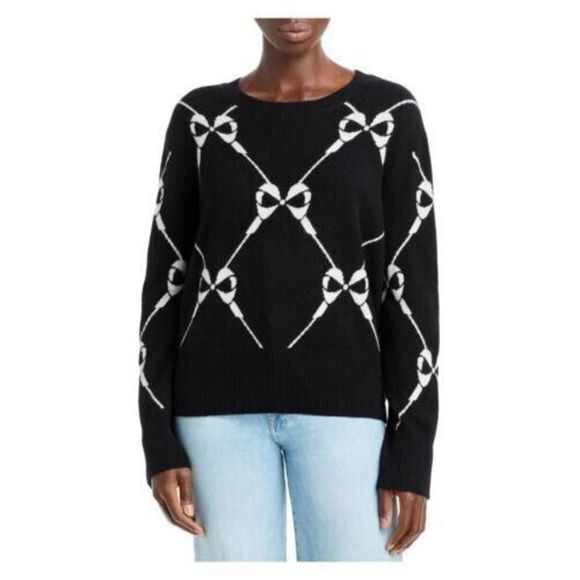 Aqua Cashmere V10656 Women's Sz S Black/Ivory Printed L/S Crew Neck Sweater $198 - Picture 1 of 6
